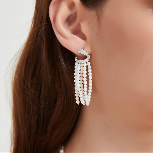 Curved Cubic Zirconia & Multi-Chain Pearl Earrings - House Of Pearls